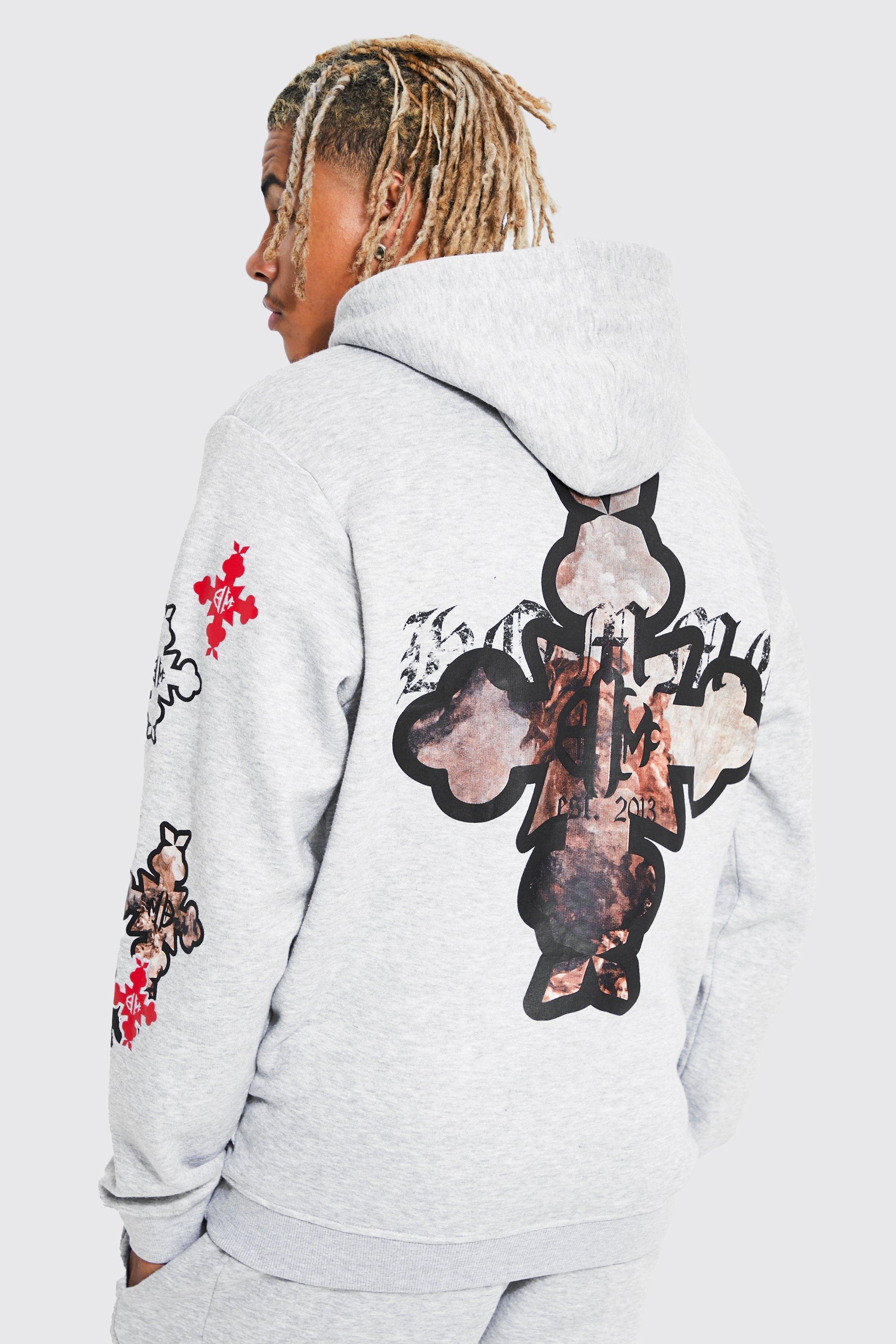 Tall Cross Graphic Badge Hoodie boohooMAN